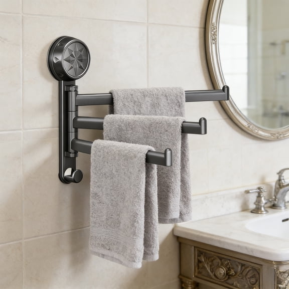 Hovilon No Drill Suction Cup Towel Rack, Foldable Plastic Storage Shelf For Bathroom Kitchen Entryway, Space Saving Wall Mounted Organizer, Adjustable Rotating Towel Rack and Cloth Rack