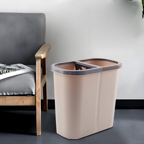 Hovilon Dual-Compartment Trash Can, Wet and Dry Separation Recycling Bin, Space-Saving Double Garbage Can for Kitchen Cabinet, Under Sink, Office, and Living Room, Brown Plastic Wastebasket