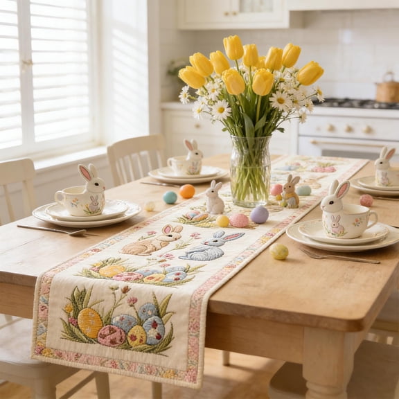 Hovilon Easter Bunny Quilted Table Runner - Reversible Spring Floral Table Linen for Dining Room, Cotton Padded Heat Resistant Table Decor, Farmhouse Kitchen Console Cover Gift
