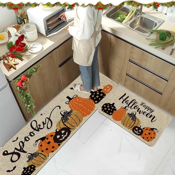 Hovilon Fall Pumpkin Kitchen Rugs Sets 2 Piece,Farmhouse Seasonal Harvest Holiday Party Rugs and Mats Non Skid Washable Kitchen Floor Mats for Home Hallway Sink Laundry Decor