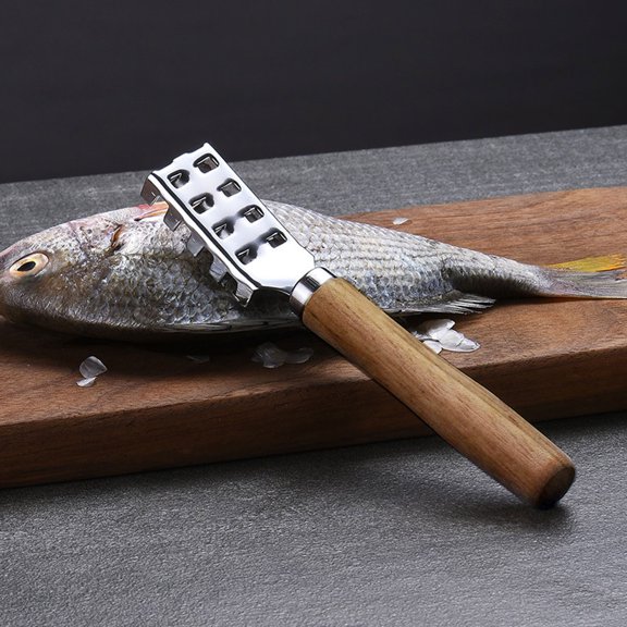 Hovilon Fish Scale Scraper with Wooden Handle, Stainless Steel Fish Skin Remover Kitchen Gadget, Ergonomic Fish Scaler Tool for Quick Scale Removal, Easy Clean Seafood Preparation Accessory