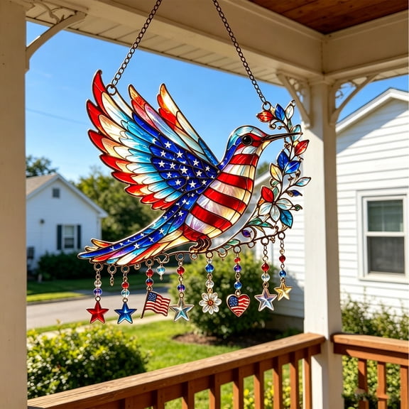 Hovilon Flat Hummingbird Suncatcher Window Ornament, Patriotic USA Flag Stained Glass Style Acrylic Pendant, Red White Blue Crystal Hanging Decor for 4th of July Independence Day Memorial Day