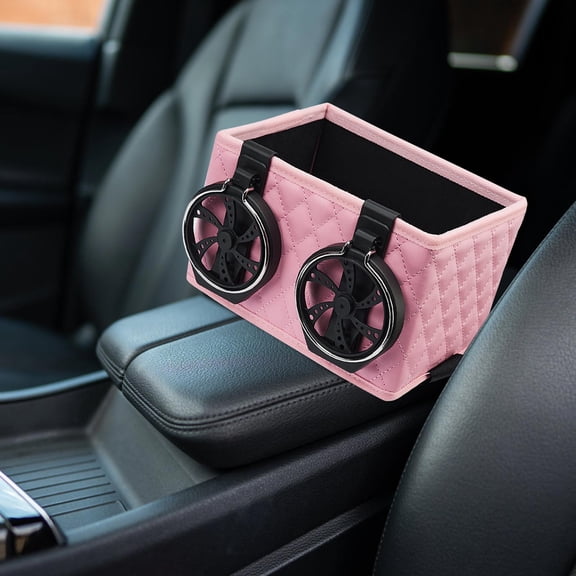 Hovilon Foldable Car Armrest Organizer Box with Collapsible Cup Holder, Leather Center Console Storage Caddy for Tissue and Phones, Universal Side Mount Rack for SUV Jeep RV Golf Cart