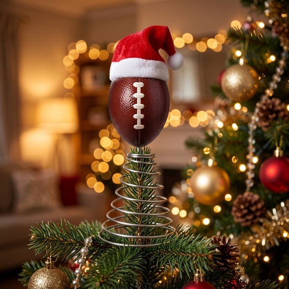 Hovilon Football Shaped Christmas Tree Topper with Santa Hat and Metal Spring Stand, Sport Themed Holiday Tree Top Ornament for Christmas Tree Home Party Decor, Festive Gift for Football Fans