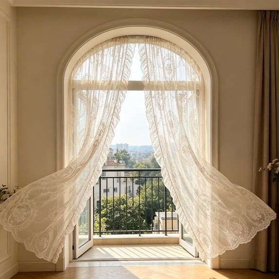 Hovilon French Floral Sheer Curtain, Rod Pocket Lace Window Drapes with Ruffled Edge, Light Filtering Polyester Voile for Bedroom Living Room, Vintage Soft Home Decor, White, 55x63 Inch