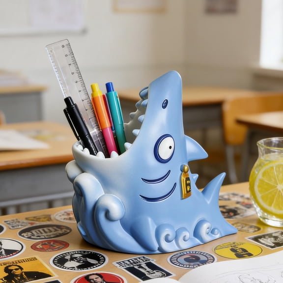 Hovilon Funny Shark Pen Holder - Creative Resin Desktop Organizer, Ocean Theme Pencil Cup for Office & Home, Decorative Storage Box for Stationery & Makeup, Blue Sea Animal Desk Accessory