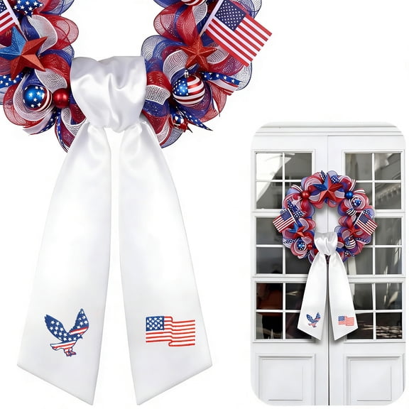Hovilon Generic Patriotic Ribbon Garland, 54 Inch Embroidered Independence Day Streamer, Red White Blue Polyester Sash for Wreaths and Railings, 4th of July Festival Decoration