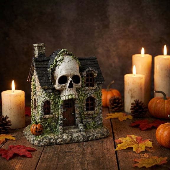 Hovilon Gothic Skull House Halloween Tabletop Decor, Spooky Resin Pumpkin Cottage Figurine, Compact Indoor Home Ornament for Living Room Shelf Desk, Fall Holiday Party Centerpiece and Seasonal Gift