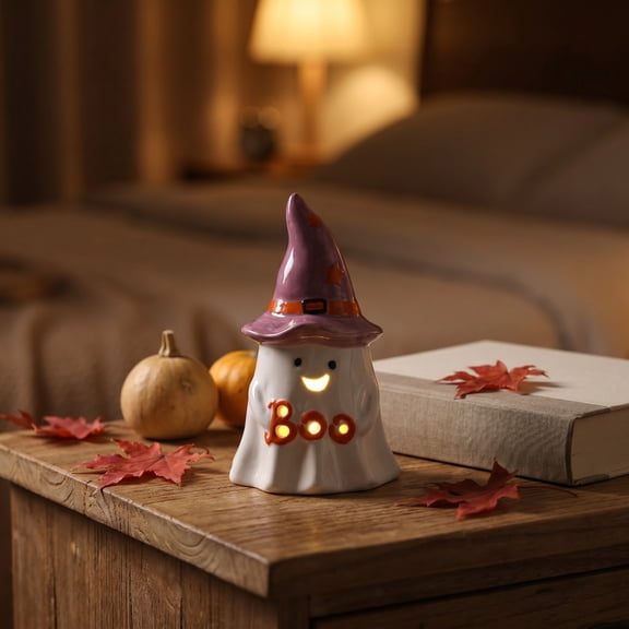 Hovilon Halloween Ceramic Ghost Night Light with Witch Hat, Glowing Pumpkin Figurine Table Lamp, Flameless LED Spooky Decor for Fall Mantel Shelf Desk, Cute Hand-Painted Home Accent