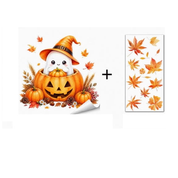 Hovilon Halloween Window Clings Fall Thanksgiving Window Decals Cute Ghost Pumpkin Maple Leaves Stickers, Removable PVC Glass Decor for Home Party, Adhesive Free Holiday Decoration for Doors