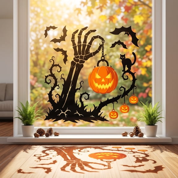 Hovilon Halloween Window Clings Skeleton Hand and Pumpkin Stickers with Bats, Reusable PVC Window Decals for Home Party Glass, Spooky Adhesive-Free Decoration for Display, Large 30cm Holiday Decor