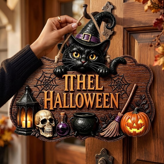 Hovilon Halloween Wooden Door Sign, 2D Flat Witch Hat Pumpkin Crow Hanging Decor, Natural Wood Front Door Wall Ornament for Porch Entryway, Spooky Fall Holiday Party Home Decoration Gift for Adults