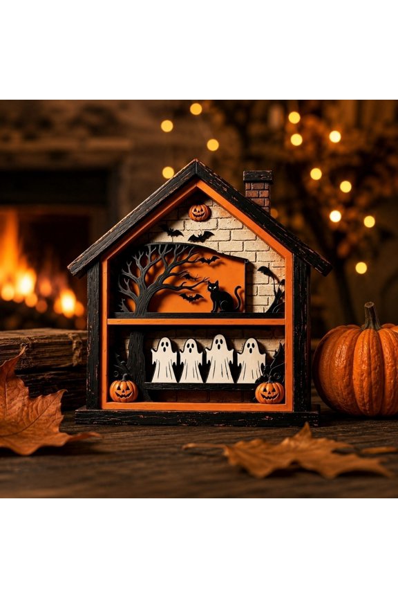 Halloween Wooden Ornament, 3D Spooky Ghost Bat Witch Decor, Vintage Dark Themed House Sculpture for Desktop Fireplace Entryway, Festive Seasonal Wall Hanging Gift, Antique Wood Grain