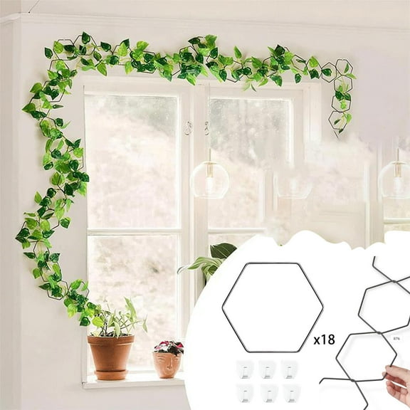 Hovilon Heavy Duty Iron Plant Trellis Kit - DIY Hexagonal Climbing Grid for Vines, Vegetables, and Ivy, Weather-Resistant Wall-Mounted Garden Support System with Hooks (18 Rings + 6 Hooks)