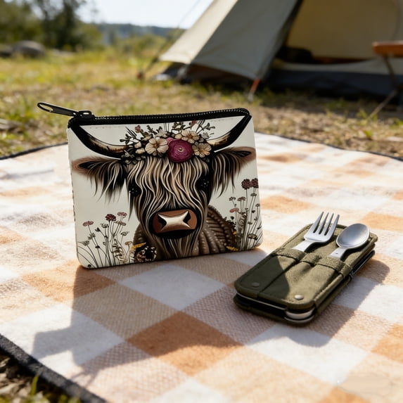 Hovilon Highland Cow Coin Purse - Cute Farmhouse Animal Print Card Holder, Small Zipper Change Pouch for Cash Keys and Cards, Minimalist Polyester Wallet Gift for Women and Men