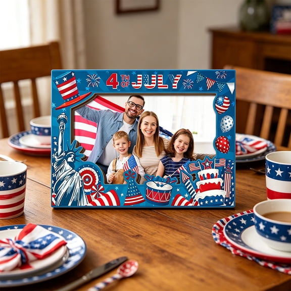 Hovilon Independence Day Display Photo Frame 5x3.5 Inch, Patriotic Wood Picture Frame with Stand and Wall Mount, 4th of July Tabletop Desktop Decor for Home Office, Red White Blue American Flag Gift