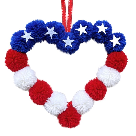 Hovilon Independence Day Wreath - USA Patriotic Heart Star Wall Decor, Red White Blue Pom Pom Door Hanging, 4th of July Memorial Day Party Centerpiece, American Flag Inspired Home Ornament