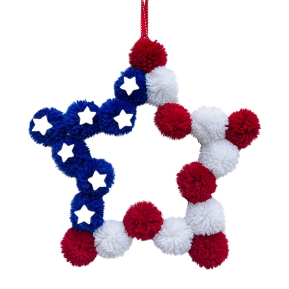 Hovilon Independence Day Wreath - USA Patriotic Heart Star Wall Decor, Red White Blue Pom Pom Door Hanging, 4th of July Memorial Day Party Centerpiece, American Flag Inspired Home Ornament