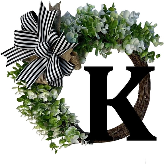 Hovilon Initial Initial Front Door Wreath,12inch 26 Surname Letter Wreath with Striped Linen Bow,Farmhouse Style Rustic Door Decor Gift(K)