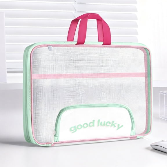 Hovilon Large Capacity Mesh File Bag with Zipper - Transparent Horizontal Document Organizer for A4 Papers - Portable Handheld Tutoring Tote for Office and Home - Pink