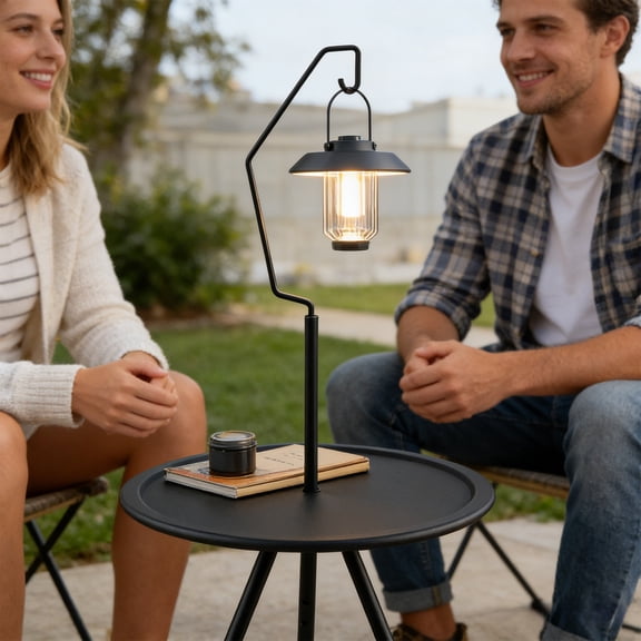 Hovilon Portable Camping Table with Light Stand - Adjustable Height Foldable Round Side Table, Sturdy Tripod Steel Leg Outdoor Table for Patio, Picnic, Beach, Weather Resistant Lamp Holder, Black