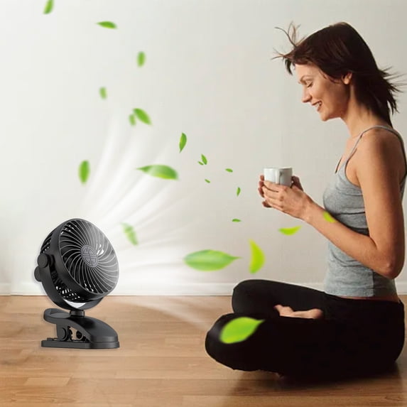 Hovilon Portable Clip Fan with 720 Degree Rotation - USB Rechargeable Silent Desk Fan, 3 Speed Mini Oscillating Table Fan with Strong Airflow, Black Personal Cooling Battery Powered Blower