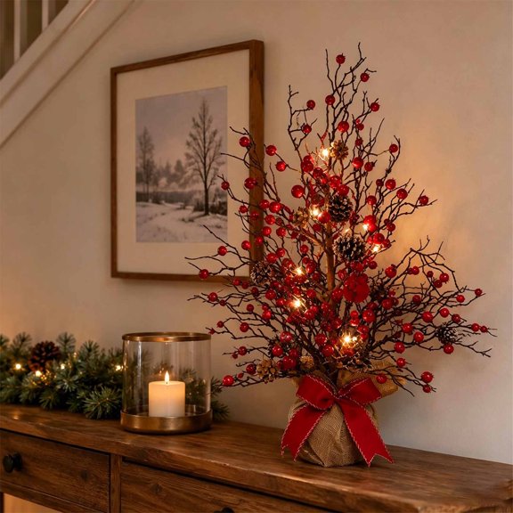 Hovilon Red Berry Tabletop Christmas Tree Lighted Twig Mini Xmas Tree with Base and Red Bow, Battery Operated Warm Light Holiday Decor for Fireplace Mantel, Window Sill, Farmhouse, Cottage, Indoor