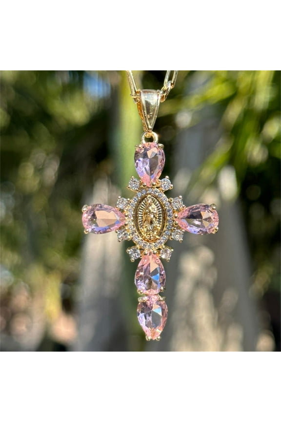 Religious Virgin Mary Cross Teardrop Color Cubic Zirconia Pendant Necklaces for Women，Valentine's Day Easter Gift