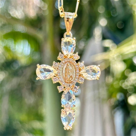 Hovilon Religious Virgin Mary Cross Teardrop,Virgin Mary Zircon Cross Pendant | Heart Pendants | Elegant Ladies Cross Necklace,Valentine's Day Easter Gift