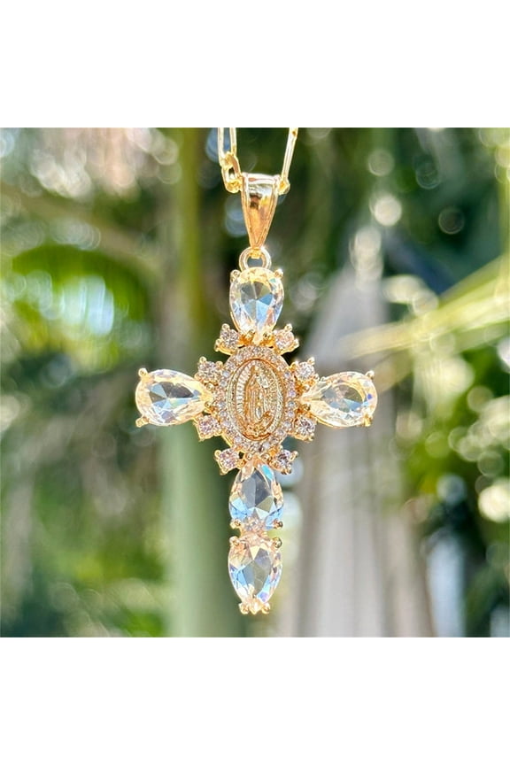 Religious Virgin Mary Cross Teardrop,Virgin Mary Zircon Cross Pendant | Heart Pendants | Elegant Ladies Cross Necklace,Valentine's Day Easter Gift