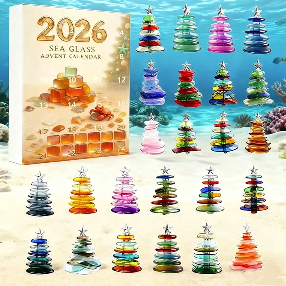 Hovilon Sea Glass Advent Calendar 2026, 2D Acrylic Christmas Tree Countdown Box, 24 Days Handmade Glass Style Ornaments, Unique Ocean Themed Holiday Decor Gift