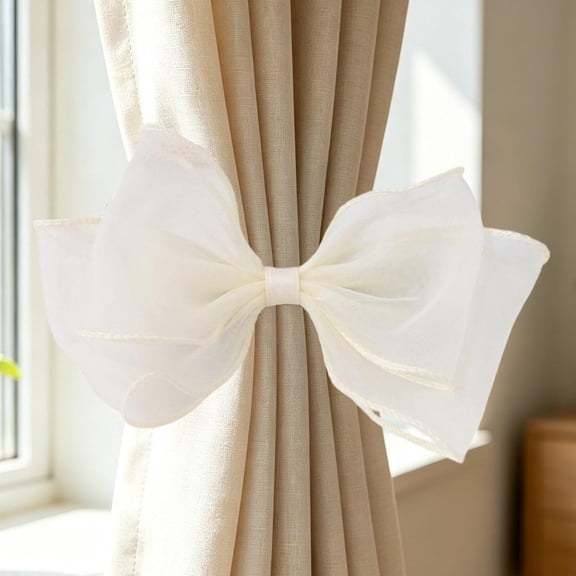Hovilon Sheer Organza Bow Curtain Tiebacks No Drill, Cute Window Drape Holdback for Sheer and Linen Curtains, Soft Nylon Spandex Fabric Gripping Tieback for Bedroom Living Room Home Decor, White