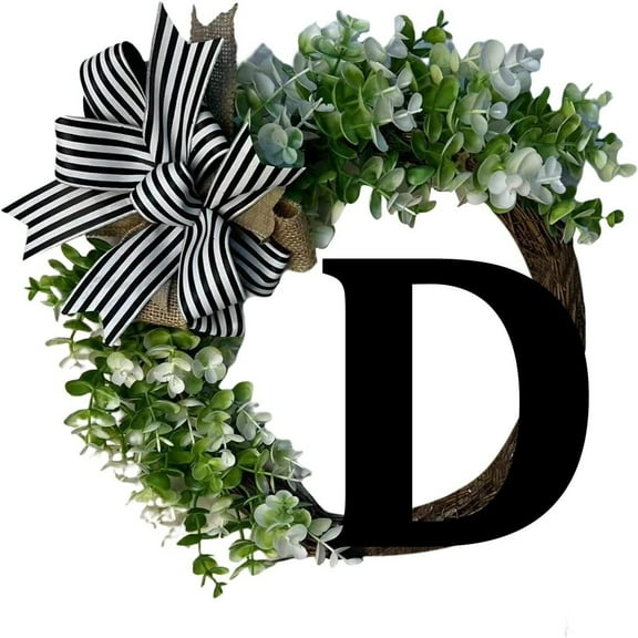 Hovilon Spring Savings Initial Initial Letter Wreaths for Front Door with Striped Linen Bow & Fake Green Grass on Grapevine Base Farmhouse Style Rustic Door Decor Spring Summer Green Wreath(D)