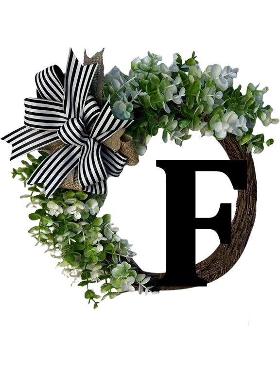 Spring Savings Initial Initial Letter Wreaths for Front Door with Striped Linen Bow & Fake Green Grass on Grapevine Base Farmhouse Style Rustic Door Decor Spring Summer Green Wreath(F)