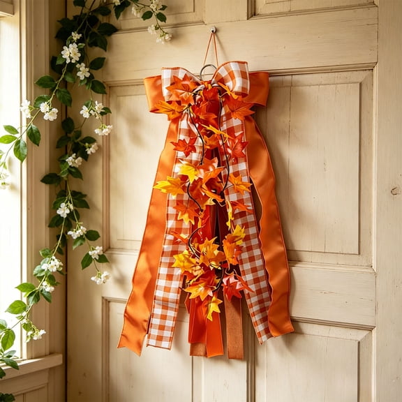 Hovilon Thanksgiving Ribbon Bow, Orange Maple Leaf Polyester Wreath Sash, Fall Harvest Decorative Bow for Front Door Porch Yard, Autumn Party Wreath Accent, Reusable Holiday Home Decoration