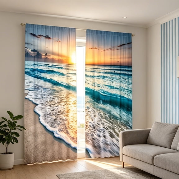 Hovilon Underwater Ocean Lines Print Window Curtains for Living Room and Bedroom, 100% Polyester Decorative Drapes with Coral Shell Pattern, Light Blocking Thermal Insulated Window Treatments, Blue