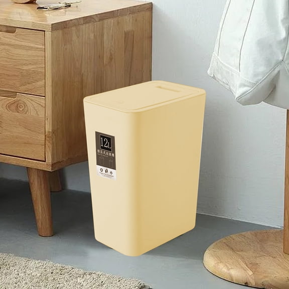 Hovilon White 12L Push-Top Trash Can, Slim Plastic Waste Basket with Lid, Modern Garbage Bin with Bag Ring for Kitchen and Bathroom, Narrow Household Trash Container for Office and Living Room