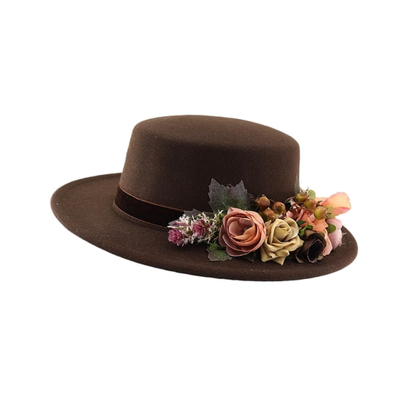 Hovilon Women's Wide Brim Floral Hat, Vintage Church Derby Cap with Colorful Flower Decoration, Elegant Sun Protection Beach Party Headwear, Fashionable Wedding Guest Accessory, Coffee