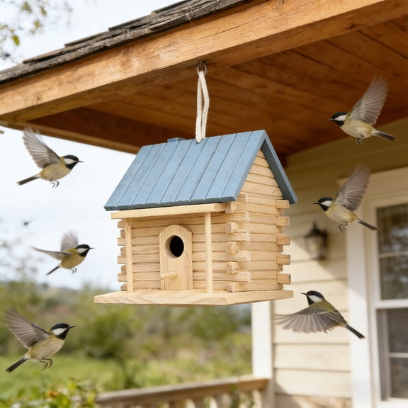 Hovilon Wooden Bird House Hanging Feeder - Natural Wood Grain Bird Nest for Parrots Breeding, Backyard Garden Decor with Circular Entrance, Safe Wild Bird Shelter and Roosting Box