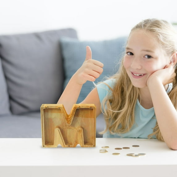 Hovilon Wooden Letter Piggy Bank,English Alphabet Money Bank Personalized Custom Name Transparent Saving Coin Bank, Coin Bank Fun Gifts for Birthday, Christmas, Festival, Baby Shower