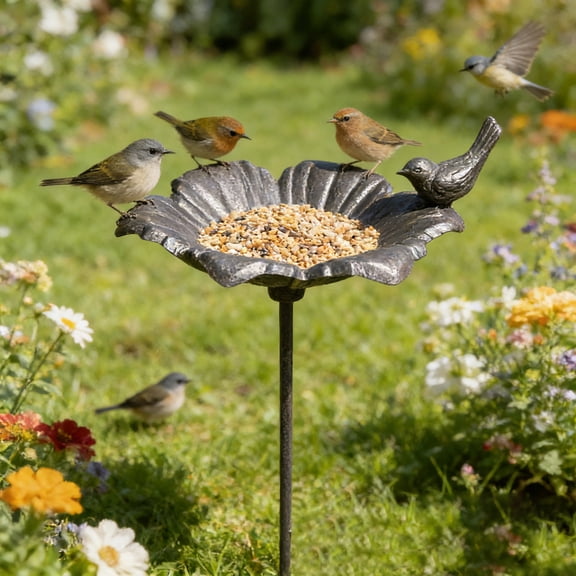 Hovilon Wrought Iron Bird Feeder with Ground Spike - Vintage Flowers and Birds Design Freestanding Wild Bird Feeding Station, Rust-Resistant Outdoor Garden Ornament for Lawn, Yard, and Patio