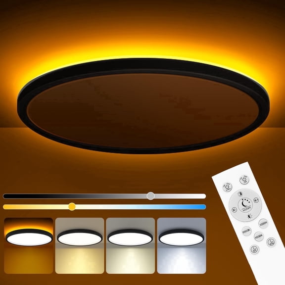 Hovmap 12 Inch LED Ceiling Light with Night Light 1800K, 3000K/4000K/6500K Dimmable Light Fixtures with Remote Control, Low Profile Flush Mount Lamp for Bedroom Living Room Kitchen, Black, 1 pack
