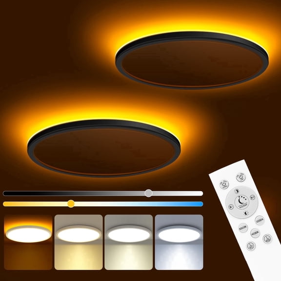 Hovmap 12 Inch LED Ceiling Light with Night Light 1800K, 3000K/4000K/6500K Dimmable Light Fixtures with Remote Control, Low Profile Flush Mount Lamp for Bedroom Living Room Kitchen, Black, 2 pack