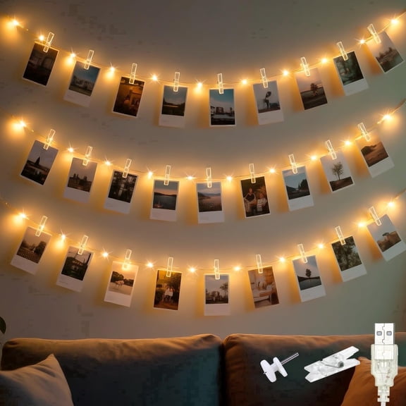Hovmap 120 LED Photo Clip String Light, 39.4Ft USB Powered Fairy Lights with 60 Photo Clips, Photo String Lights for Bedroom Wedding Party Christmas Home Decor, Warm White