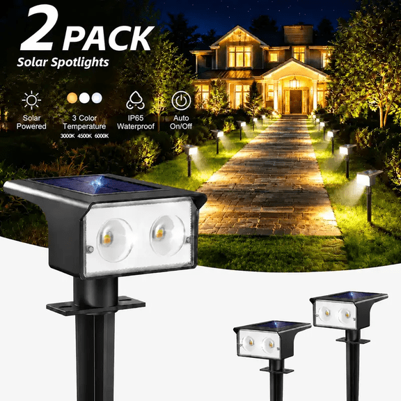 2 Pack 3 Modes Solar Spot Lights Outdoor, 3000K/4500K/6000K Solar Spotlights Outdoor Waterproof, IP65 Waterproof Solar Landscape Spotlights for Driveway Garden Pathway Walkway Yard
