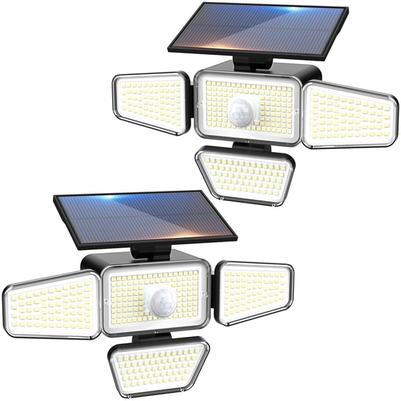 Hovmap 318 LED Solar Security Light, 4 Adjustable Heads Motion Sensor Outdoor Flood Light, Waterproof Wireless Solar Powered Wall Light for Garage Yard Door, 2 Pack