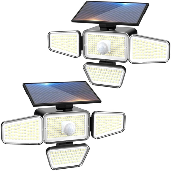 Hovmap 318 LED Solar Security Light, 4 Adjustable Heads Motion Sensor Outdoor Flood Light, Waterproof Wireless Solar Powered Wall Light for Garage Yard Door, 2 Pack