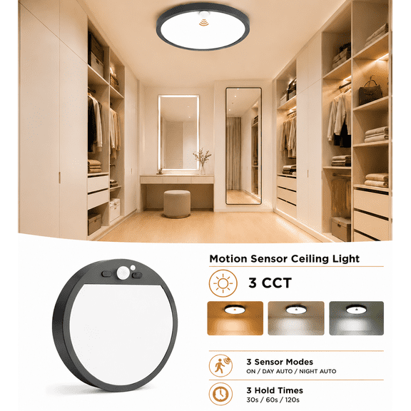 Hovmap 7 Inch Hardwired PIR Motion Sensor LED Light, 3000K/4000K/6500K Adjustable, 15W 1500LM Flush Mount Ceiling Fixture with Timer, Motion Activated for Hallway, Wall & Pantry, Black
