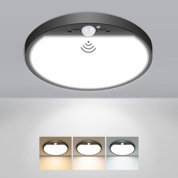 Hovmap 7 Inch Hardwired PIR Motion Sensor LED Light, 3000K/4000K/6500K Adjustable, 15W 1500LM Flush Mount Ceiling Fixture with Timer, Motion Activated for Hallway, Wall & Pantry, Black
