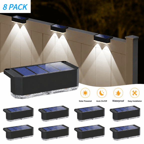 Hovmap 8 Pack Solar Fence Lights, Solar Deck Lights, Outdoor Step Lights, Solar Stair Lights for Railing Fence Yard Garden, Cool White, Black